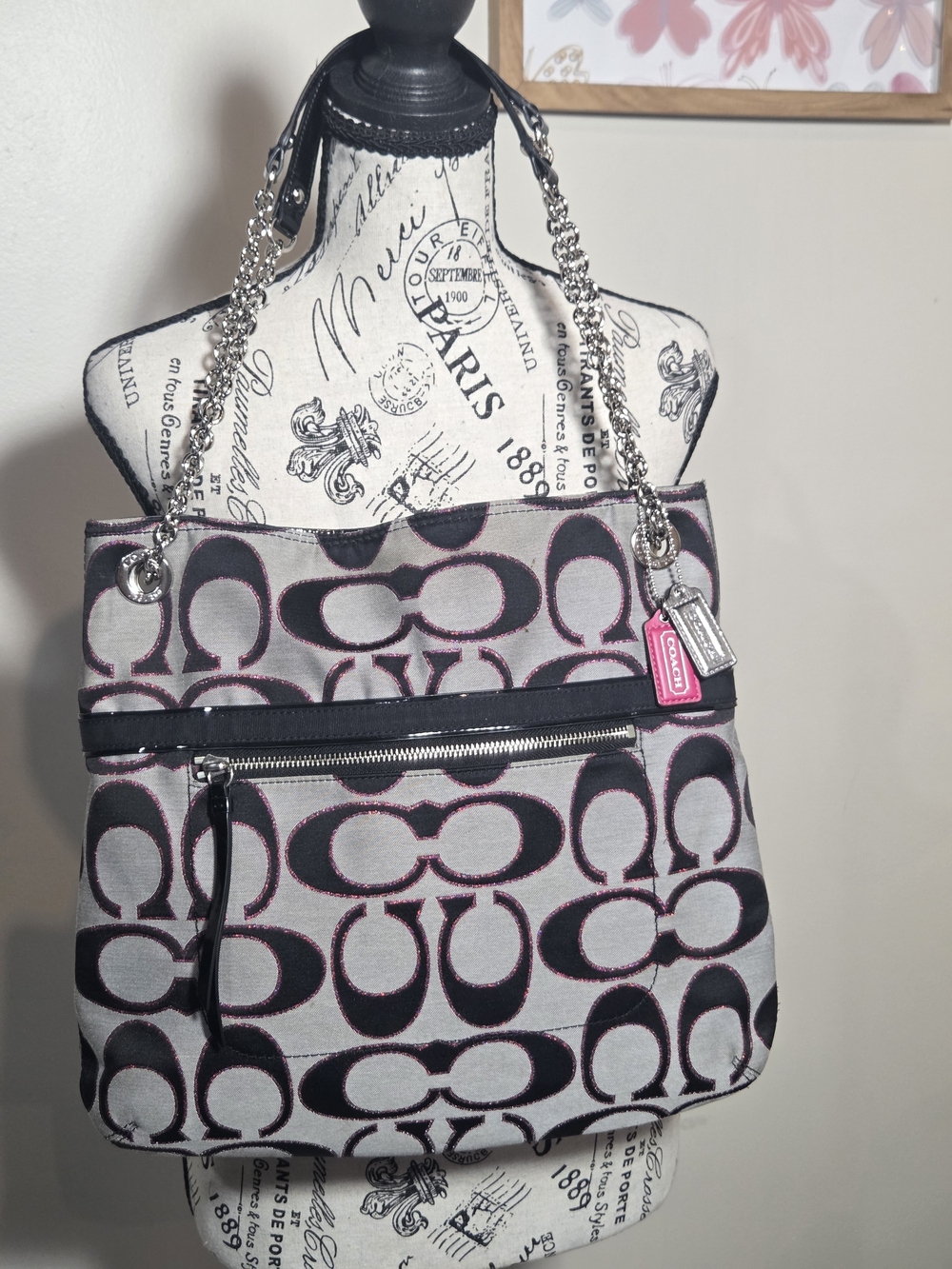 Coach Poppy Metallic Signature Slim Tote Gray 2 Tags (Style 21161) - Picture 2 of 14